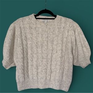 She + Sky Pearl Cable Knit Short Puff Sleeve Cropped Sweater, Large, Cream